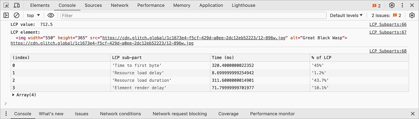 コンソールに出力される LCP サブカテゴリの時間と LCP の割合