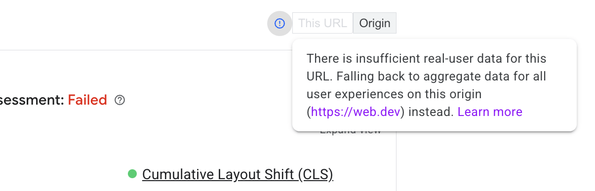 O PageSpeed Insights usa dados de origem quando os dados de URL não estão disponíveis.