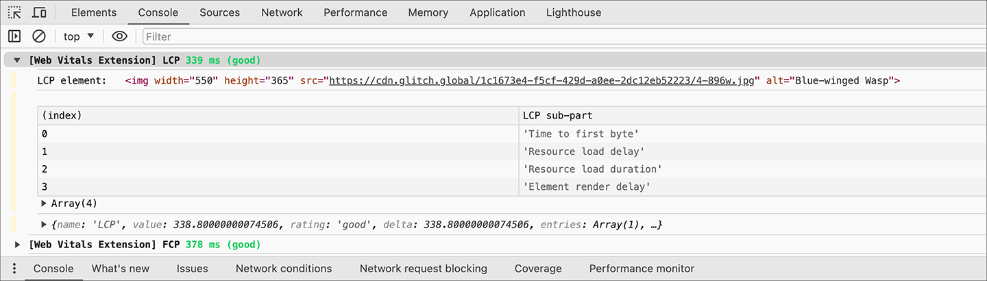 Console logging of the Web Vitals extension showing the LCP sub-part timings