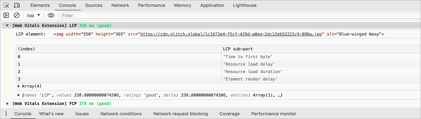 LCP のサブパートのタイミングを示す Web Vitals 拡張機能のコンソール ロギングのスクリーンショット