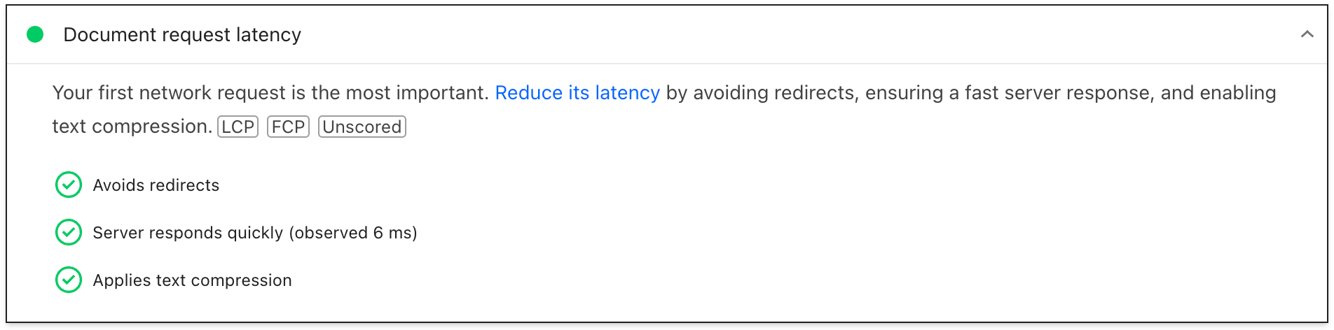 Document request latency insight showing Avoids Redirects, Server Responds quickly, and Applies text compression audits.