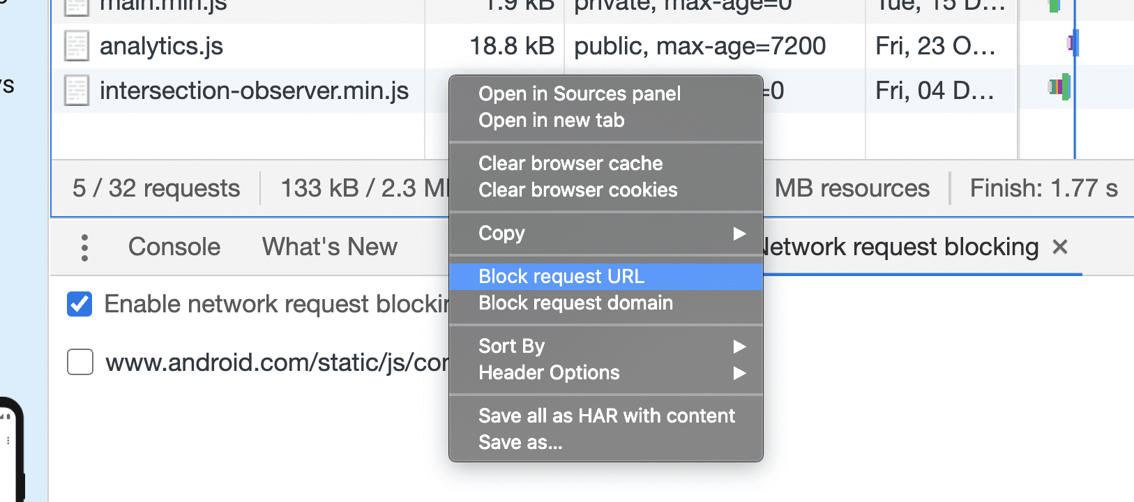 Anfrage-URLs in den Entwicklertools blockieren
