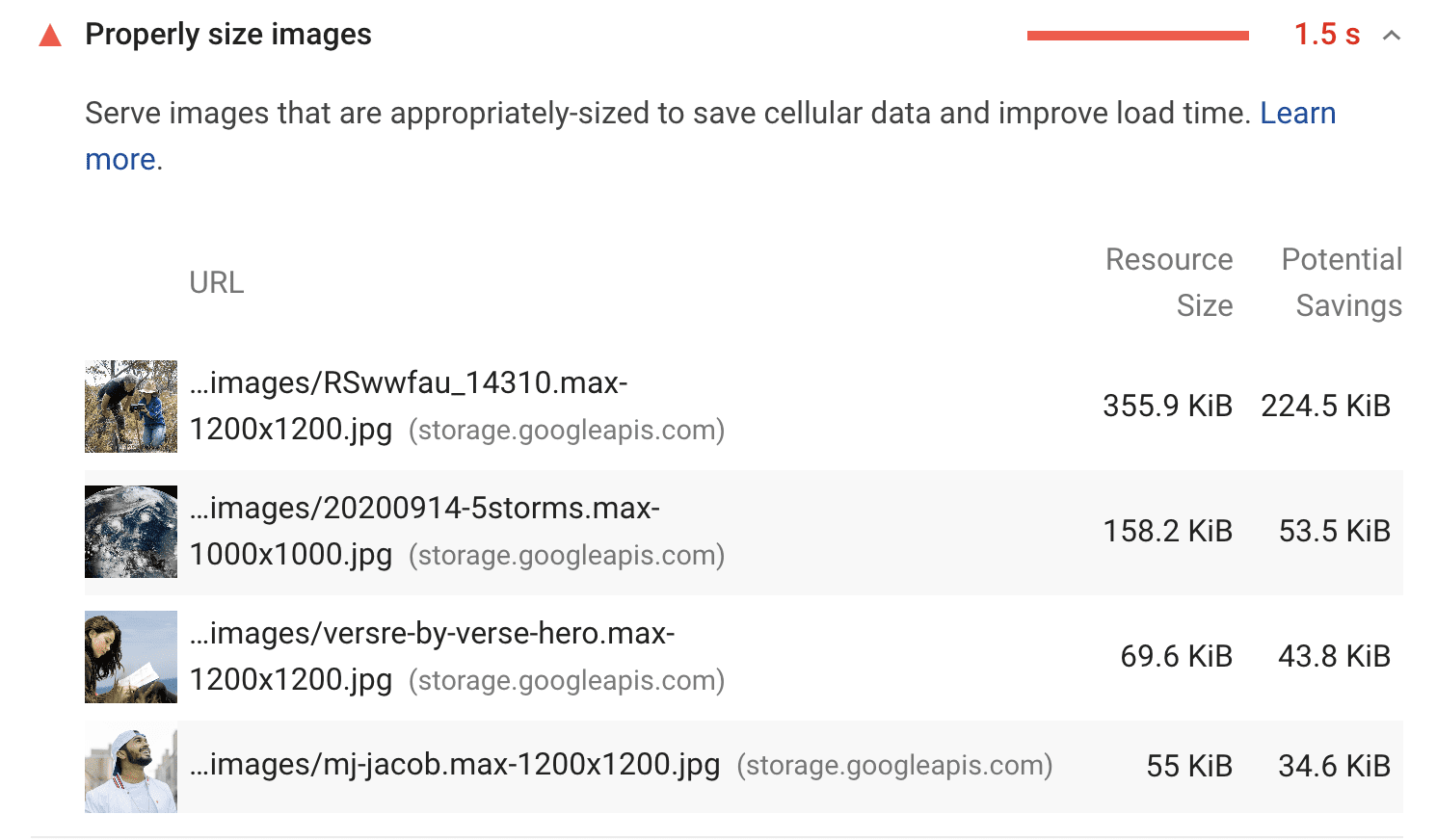 適切なサイズの画像に関する監査