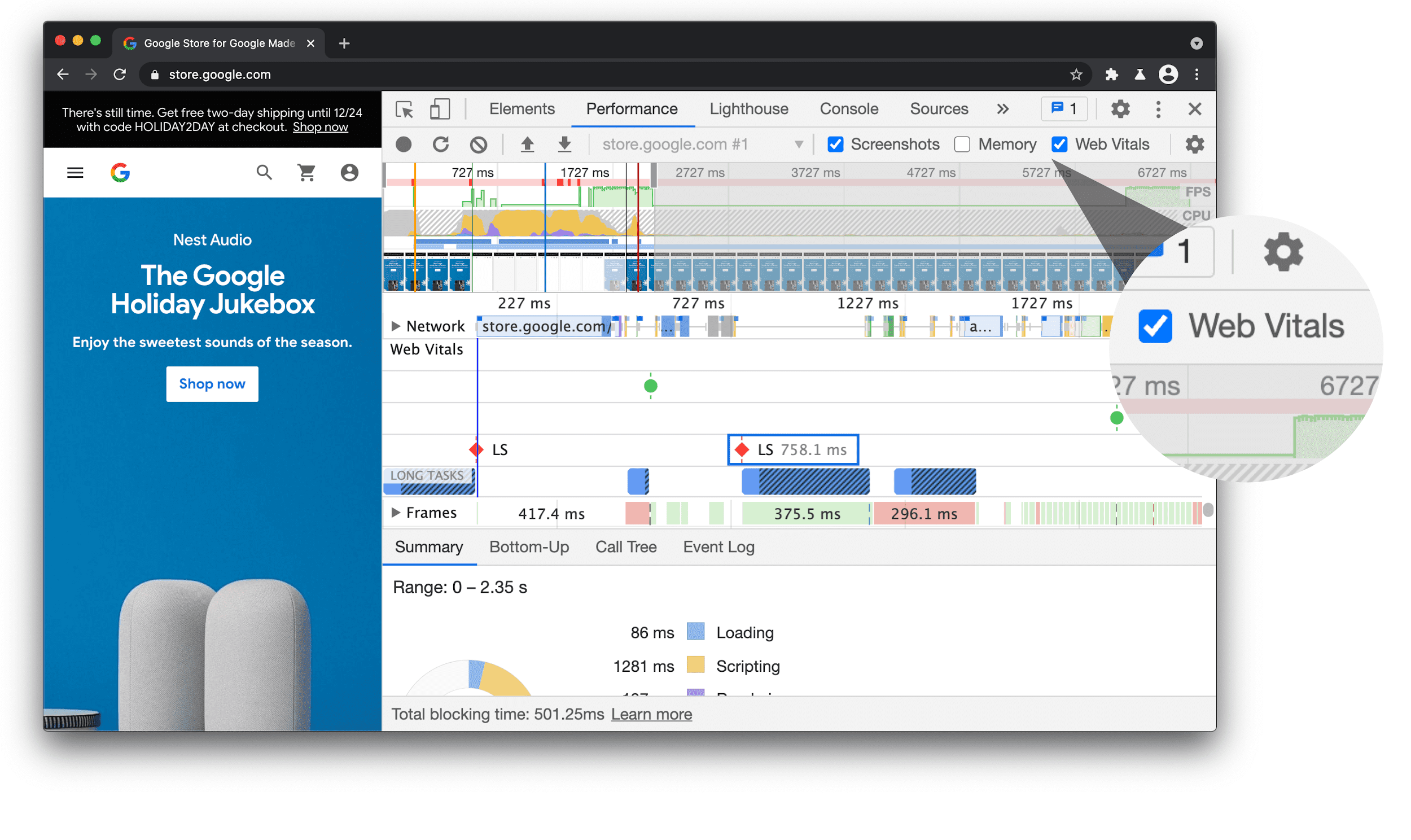 开发者工具性能面板中的 Web Vitals 车道