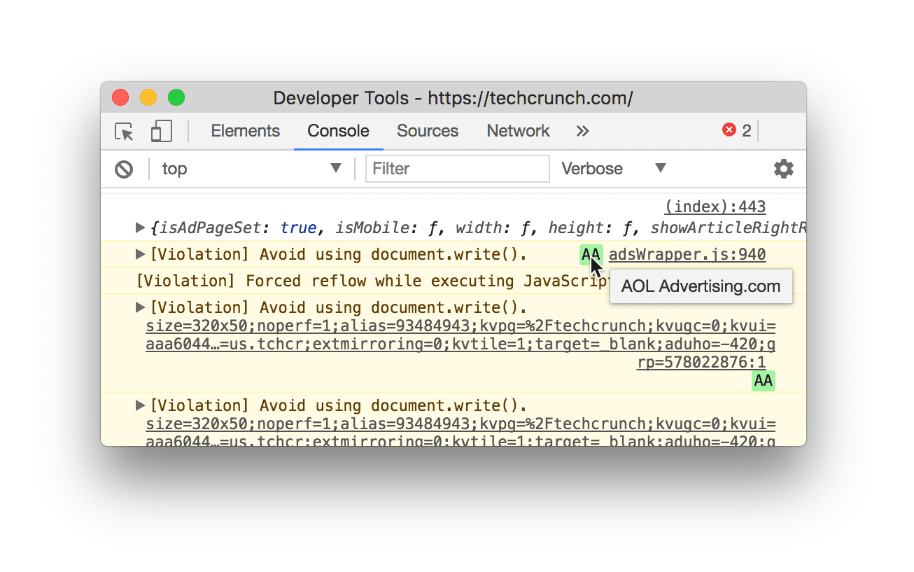 document.write()를 사용하여 서드 파티 삽입의 위반을 강조 표시하는 DevTools 콘솔 경고
