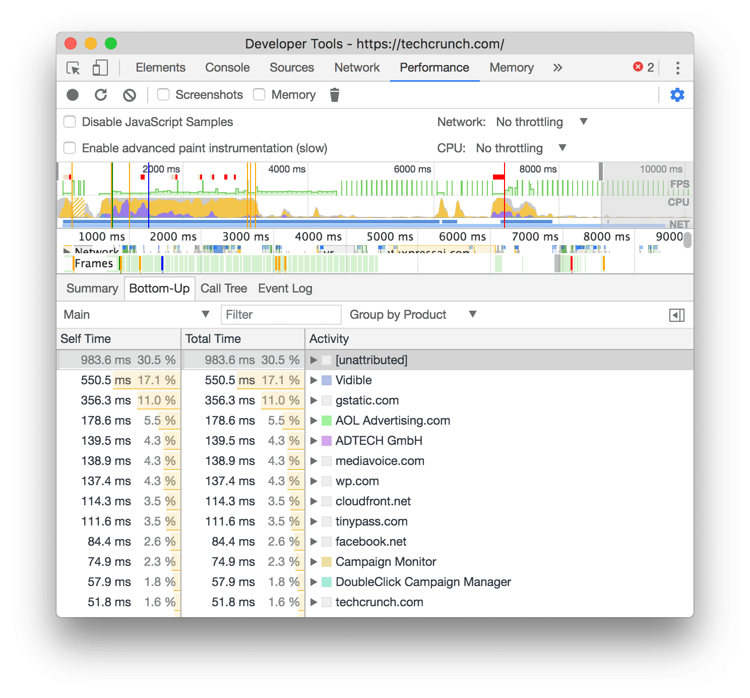 Riquadro Rendimento di DevTools che mostra la
visualizzazione dal basso verso l'alto raggruppata per prodotti (di terze parti)