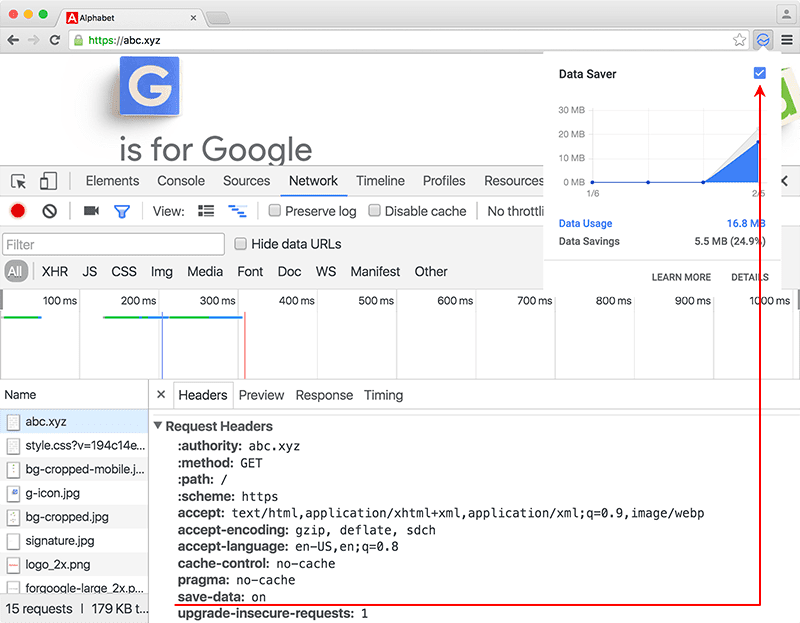 Chrome의 개발자 도구에 표시된 Save-Data 헤더가 데이터 절약 확장 프로그램과 함께 표시되어 있습니다.