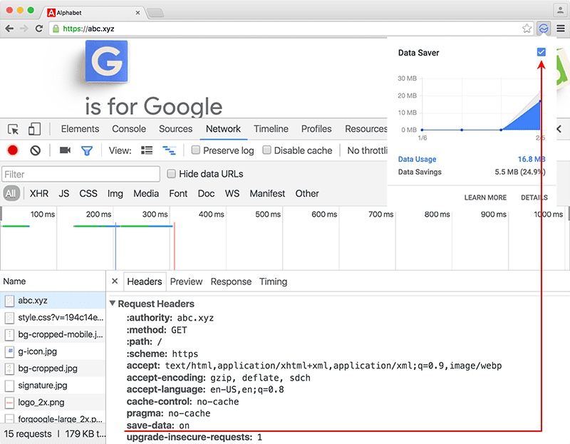 El encabezado de Guardar datos que se revela en las Herramientas para desarrolladores de Chrome que se muestra junto con la extensión del Ahorro de datos