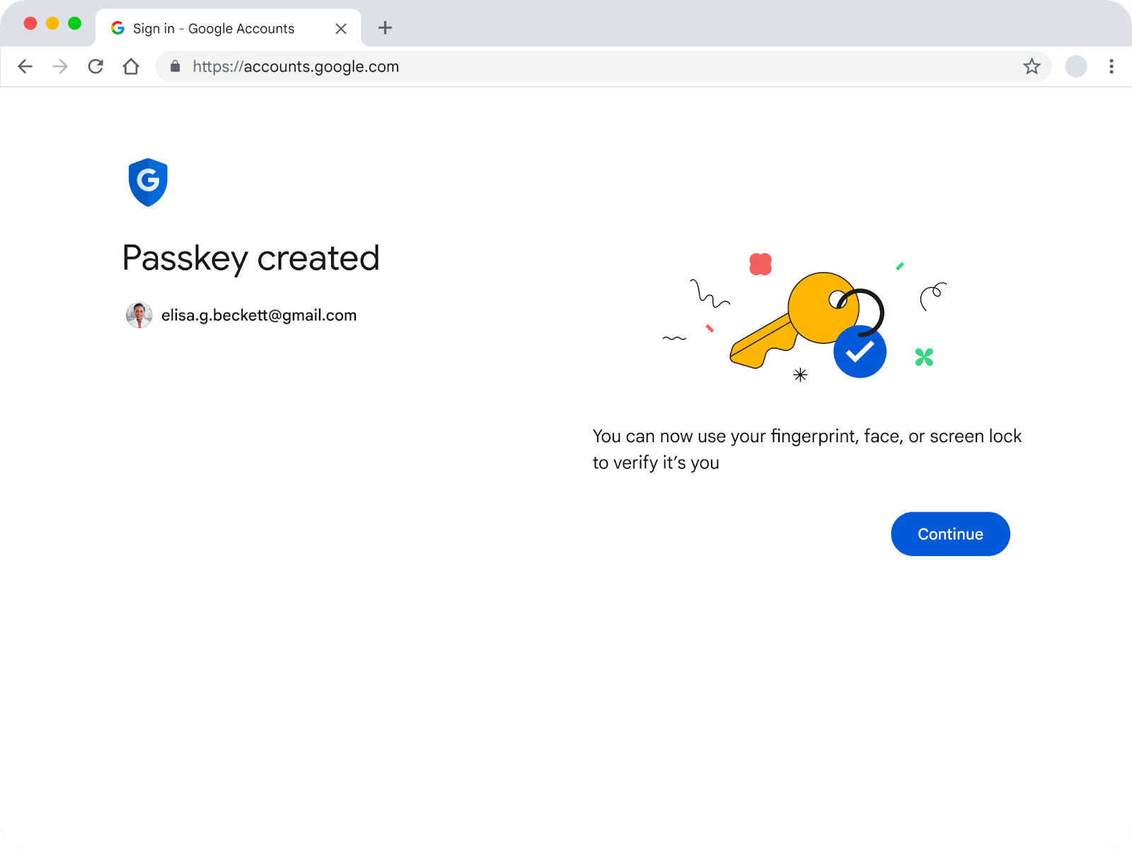 Una volta creata la passkey, gli utenti vedranno questa pagina