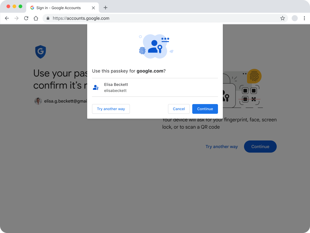 Pengguna akan menggunakan UI WebAuthn ini untuk login