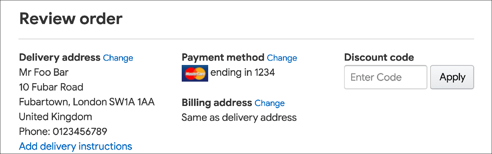 Пример страницы оформления заказа со ссылкой для изменения платежного адреса.