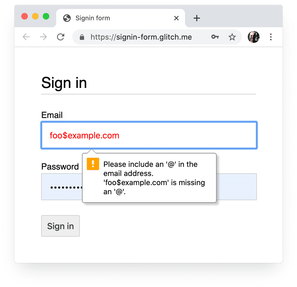 Screenshot formulir login di Chrome di desktop yang menampilkan perintah browser dan fokus untuk nilai email yang tidak valid.