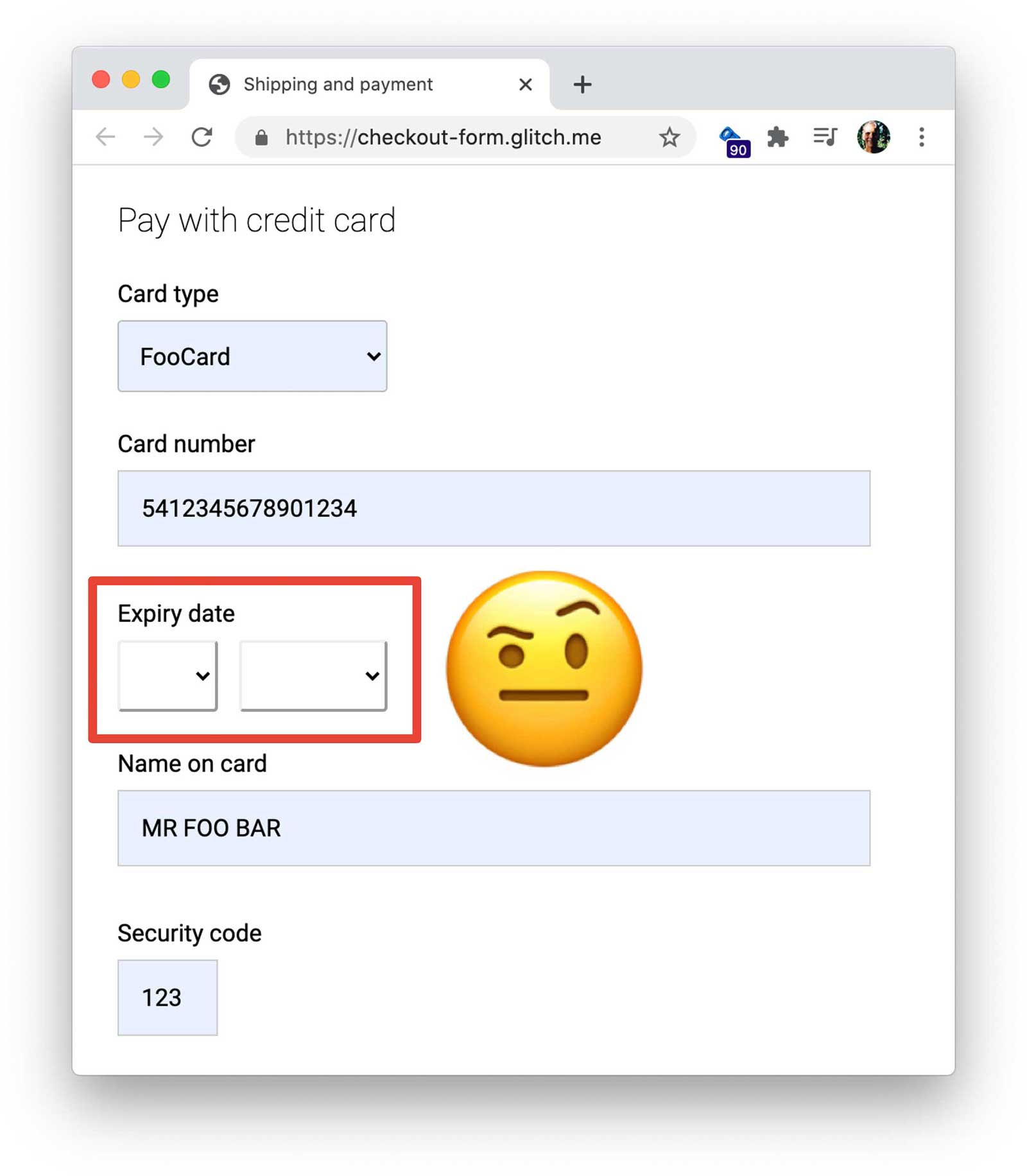 Capture d&#39;écran du formulaire de paiement montrant des éléments personnalisés pour la date d&#39;expiration de la carte qui interrompent le remplissage automatique.