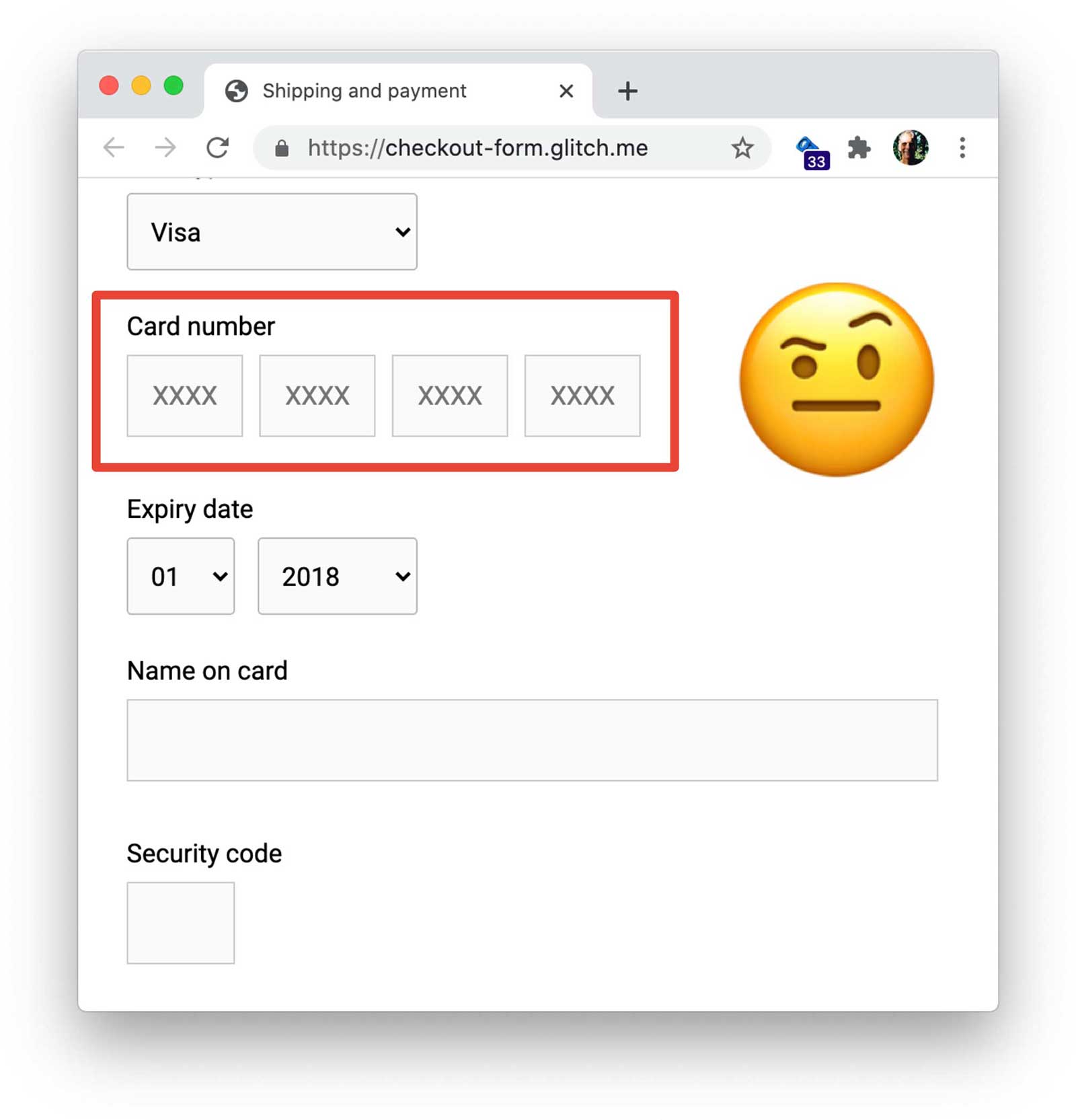 Capture d&#39;écran d&#39;un formulaire de paiement montrant un champ de carte de crédit divisé en quatre éléments de saisie.