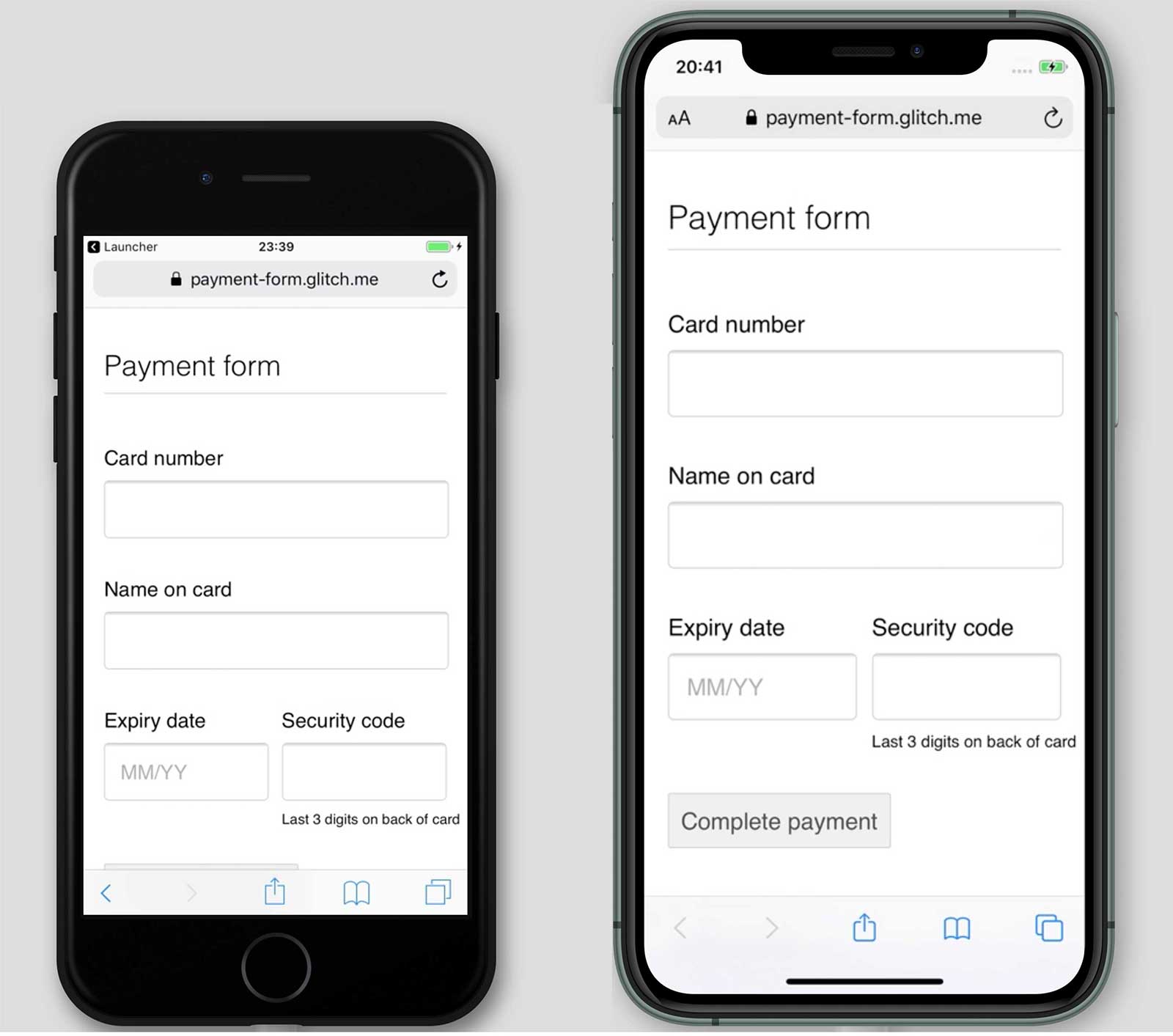 iPhone 7 和 11 付款方式為 payment-form.glitch.me 的螢幕截圖。iPhone 11 上顯示了「完成付款」按鈕，但不會顯示 7