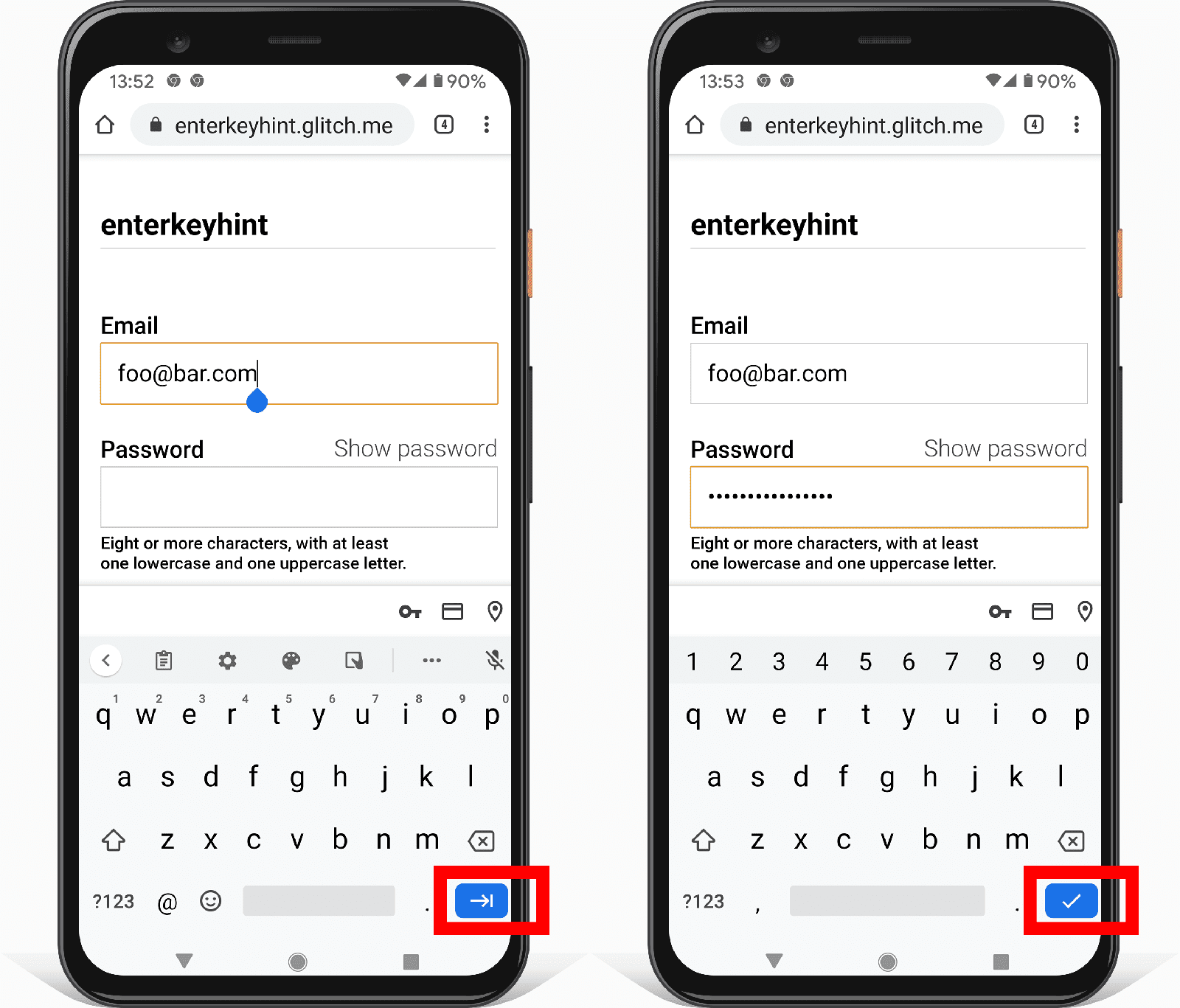 Android 上的地址表单的两个屏幕截图，显示了 Enterkeyhint 输入属性如何更改 Enter 键按钮图标。