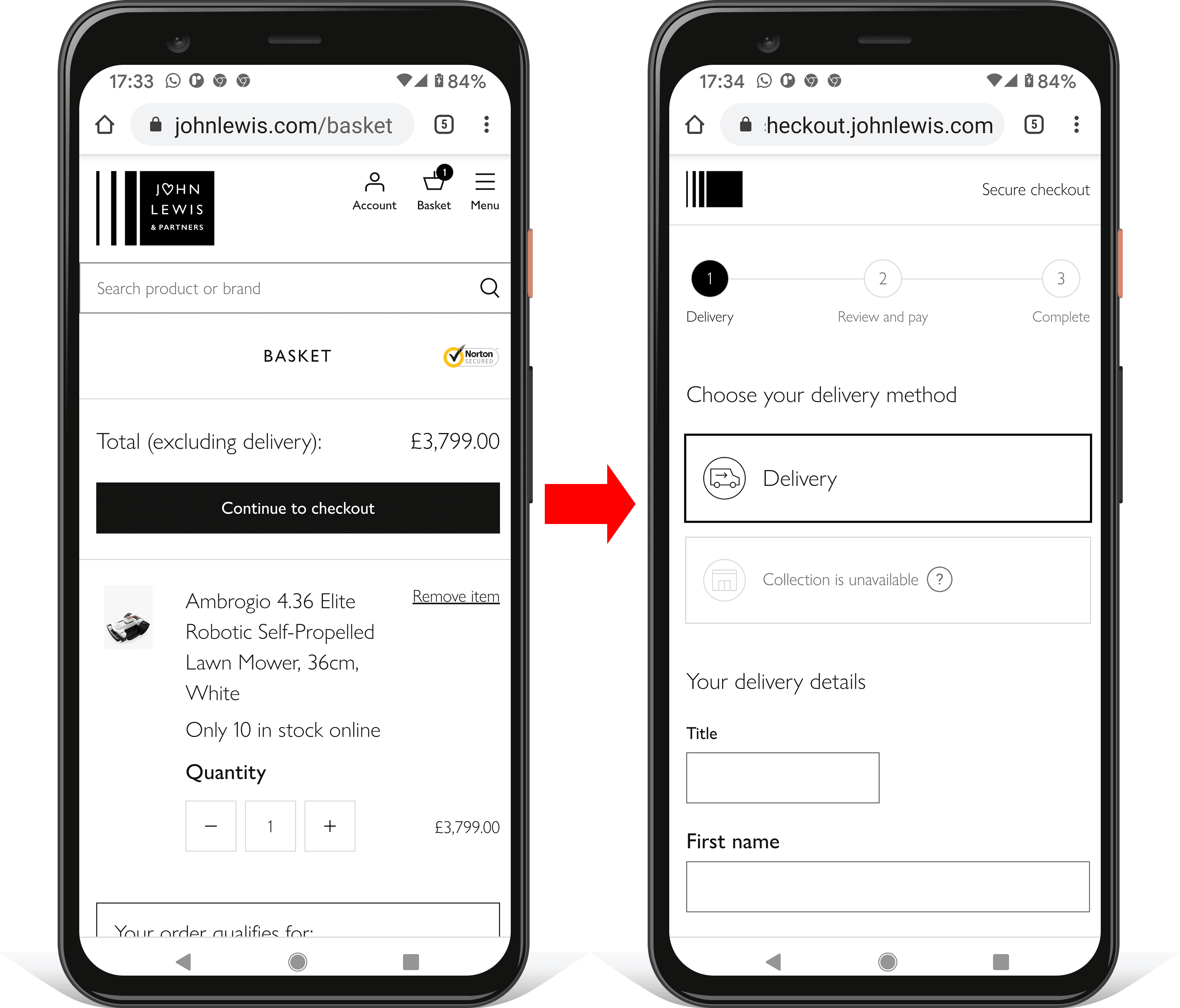 Duas capturas de tela em dispositivos móveis mostrando o progresso da finalização da compra no site johnlewis.com. A pesquisa, a navegação e outras distrações são removidas.