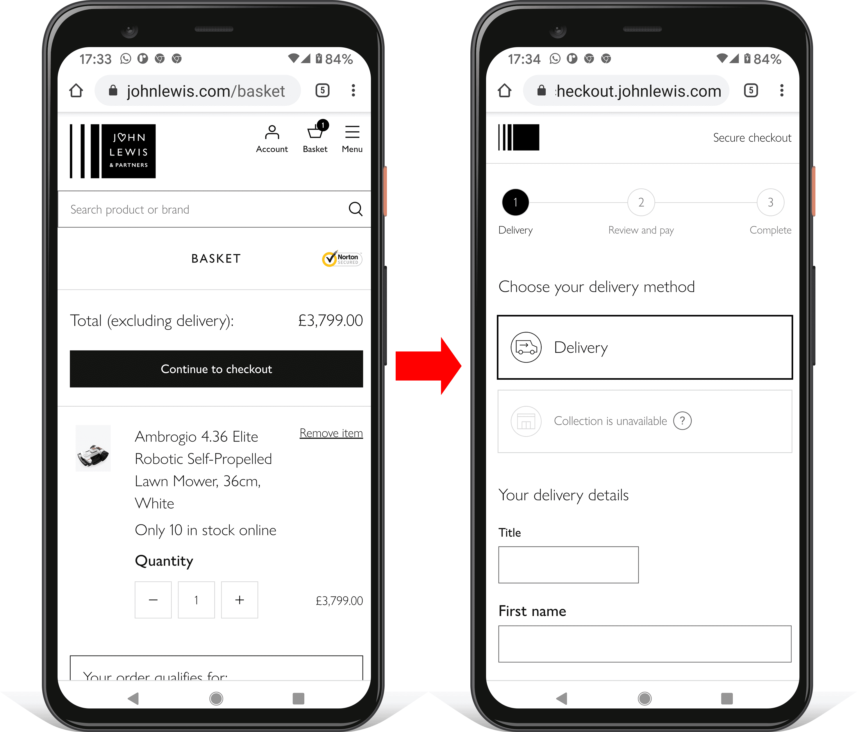 Zwei Screenshots auf einem Mobilgerät, die den Fortschritt beim Bezahlvorgang auf johnlewis.com zeigen. Die Suche, die Navigation und andere störende Elemente werden entfernt.