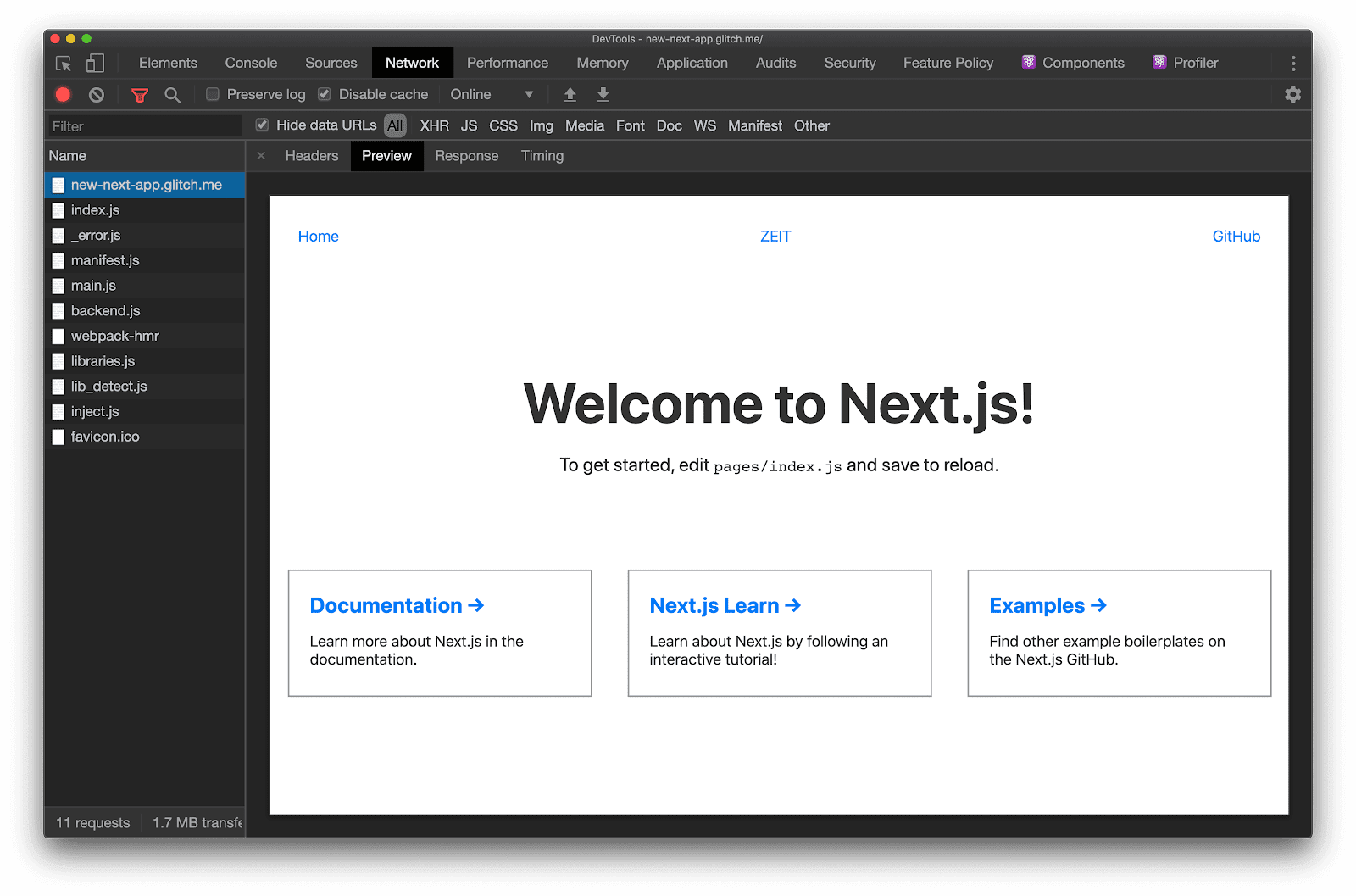 “Network”面板的“Preview”标签页显示，当收到页面请求时，Next.js 会返回视觉上完整的 HTML。