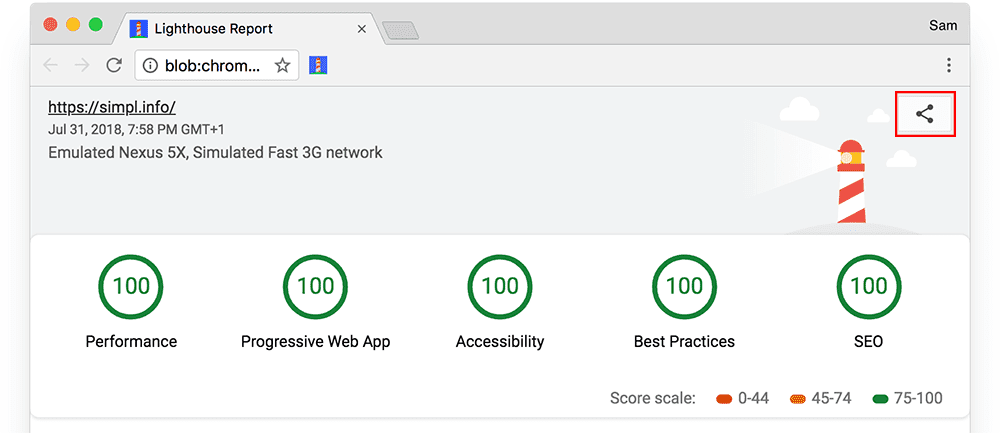 Screenshot showing how to export a Chrome Lighthouse
  report as a gist