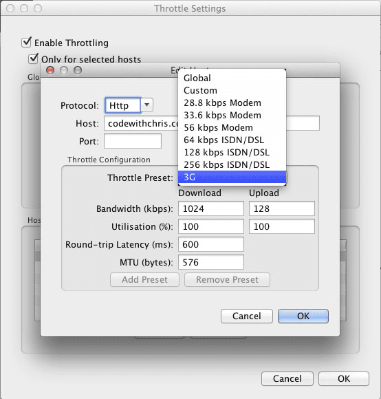 Configurações de largura de banda e latência do proxy do Charles