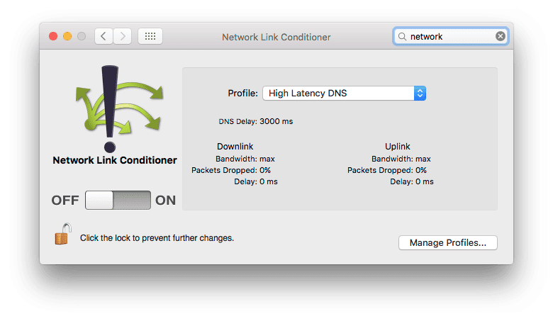 הגדרות של Network Link Conditioner ב-Mac