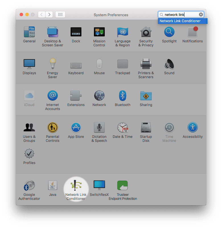 Painel de controle do Mac Network Link Conditioner