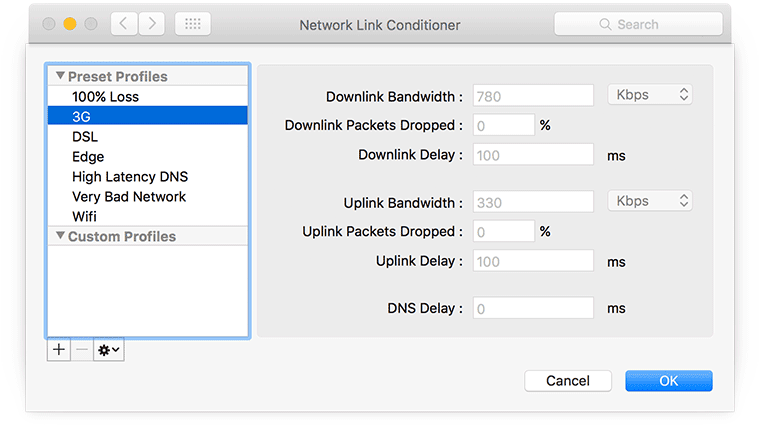 Ustawienia niestandardowe usługi Network Link Conditioner na komputerze Mac