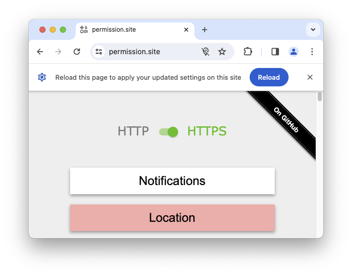 Uma solicitação de atualização após a alteração de permissões usando os controles do site.