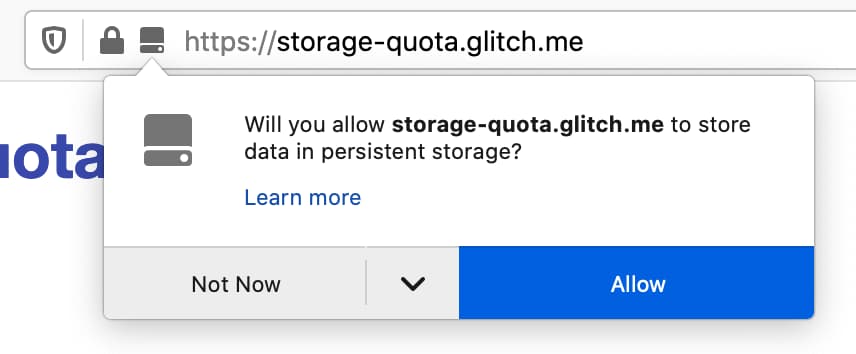 חלון קופץ שמוצג על ידי Firefox כשאתר מבקש אחסון מתמיד.