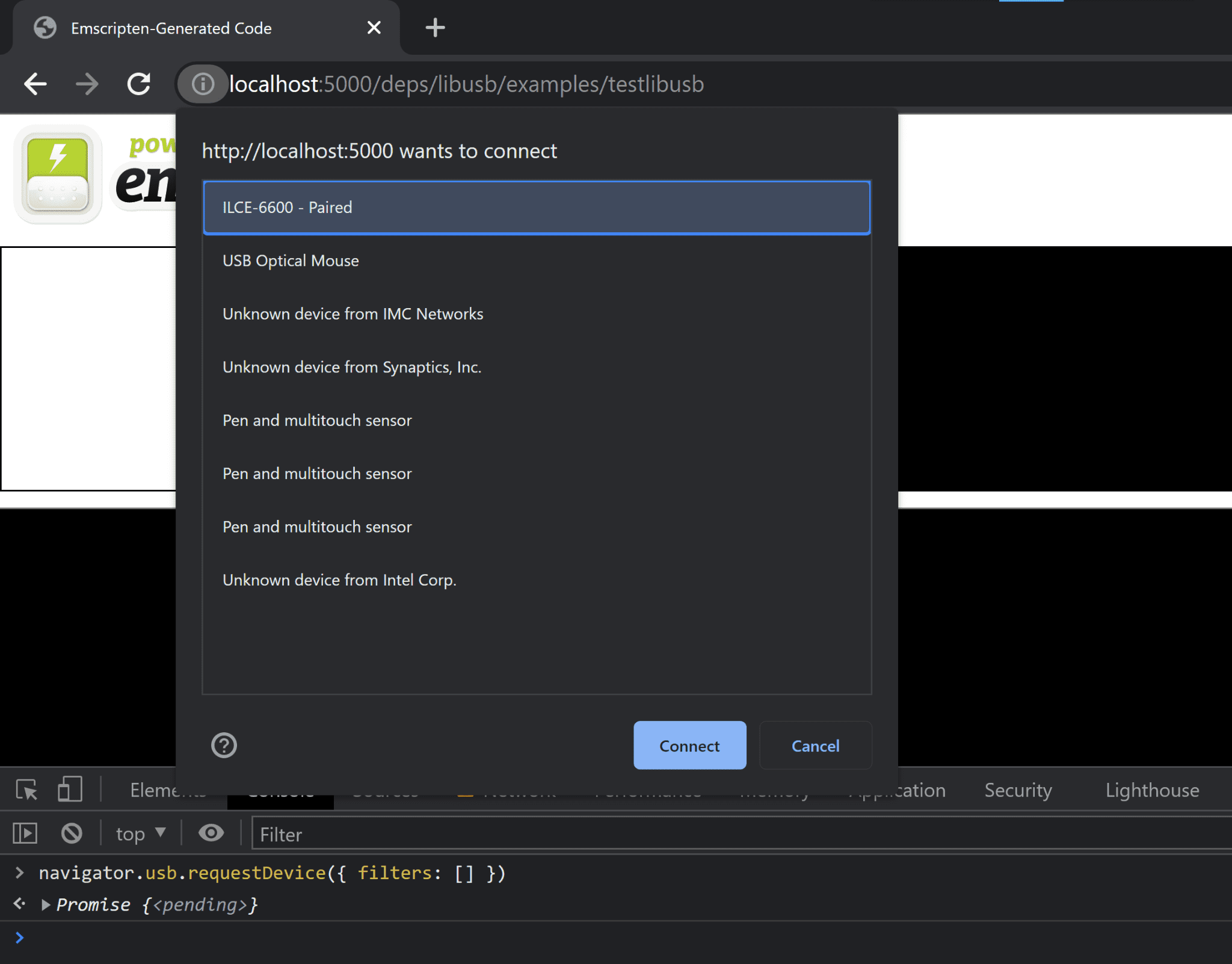 Screenshot yang menampilkan jendela Chrome dengan DevTools terbuka di halaman `testlibusb` yang ditayangkan secara lokal. Konsol DevTools mengevaluasi `navigator.usb.requestDevice({ filters: [] })`, yang memicu permintaan izin dan saat ini meminta pengguna untuk memilih perangkat USB yang akan dibagikan ke halaman. ILCE-6600 (kamera Sony) saat ini dipilih.