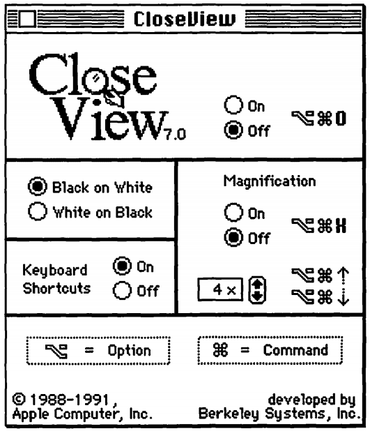 CloseView en Mac OS System 7 con modo 'Blanco sobre Negro'