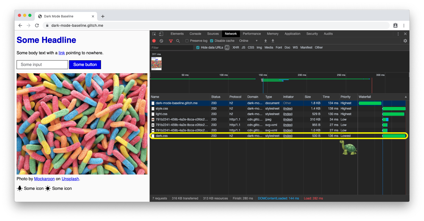 Koyu mod CSS&#39;sinin açık modda en düşük öncelikli nasıl yüklendiğini gösteren ağ yükleme şeması