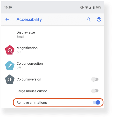 Écran des paramètres Android avec l&#39;option &quot;Supprimer les animations&quot; cochée.