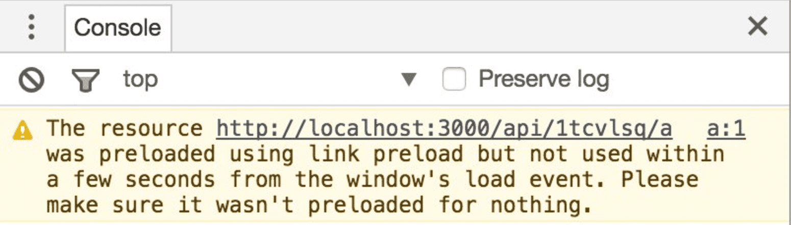 Aviso do console do Chrome DevTools sobre recursos pré-carregados não usados.