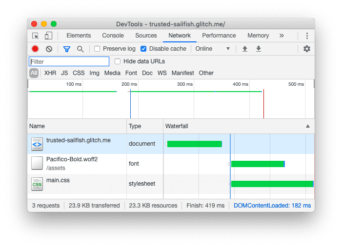 Zrzut ekranu przedstawiający panel Sieć w Narzędziach deweloperskich w Chrome po zastosowaniu wstępnego wczytania.