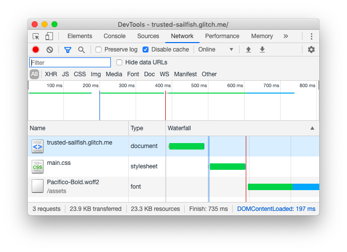 Captura de tela do painel &quot;Network&quot; do Chrome DevTools.