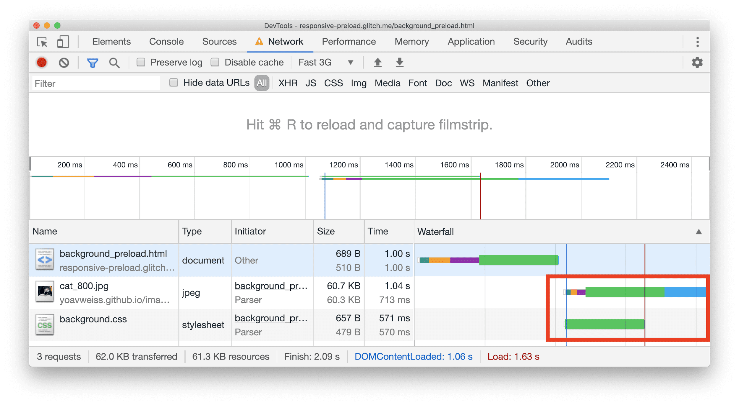 Chrome DevTools के नेटवर्क पैनल में, वॉटरफ़ॉल दिख रहा है. इसमें कुछ सीएसएस के साथ-साथ JPEG संसाधन भी डाउनलोड हो रहा है.