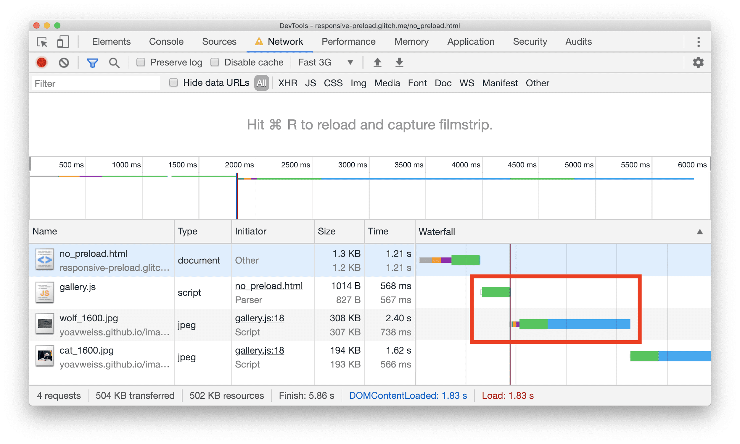 Panneau &quot;Network&quot; (Réseau) de Chrome DevTools affichant une cascade avec une ressource JPEG qui ne commence à se télécharger qu&#39;après un code JavaScript.