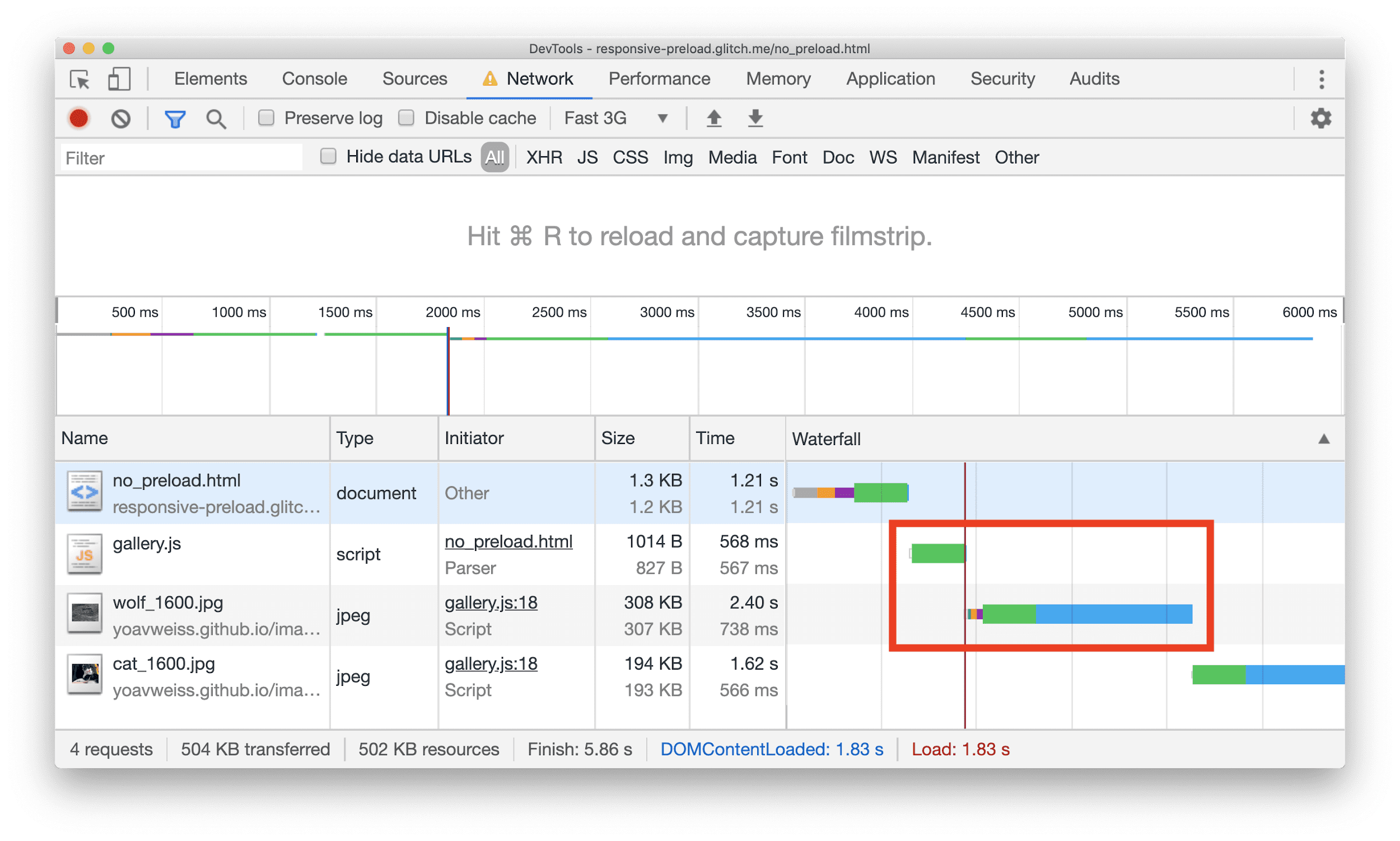 Screenshot del riquadro Rete di Chrome DevTools.