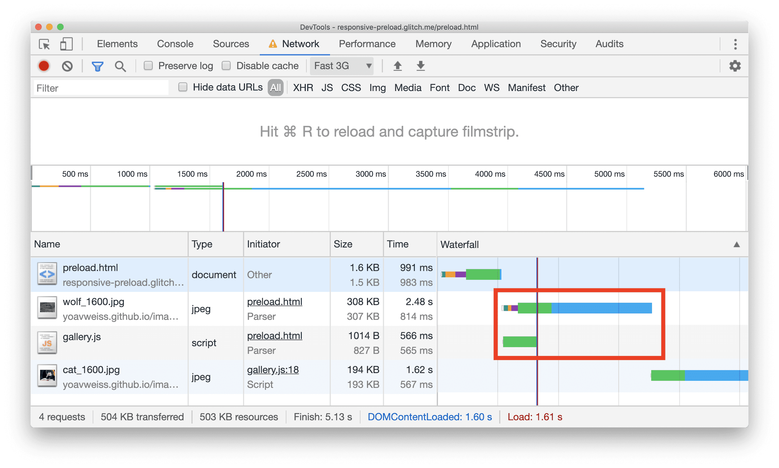 Panel Network pada Chrome DevTools menampilkan waterfall dengan resource JPEG yang didownload secara paralel dengan beberapa JavaScript.