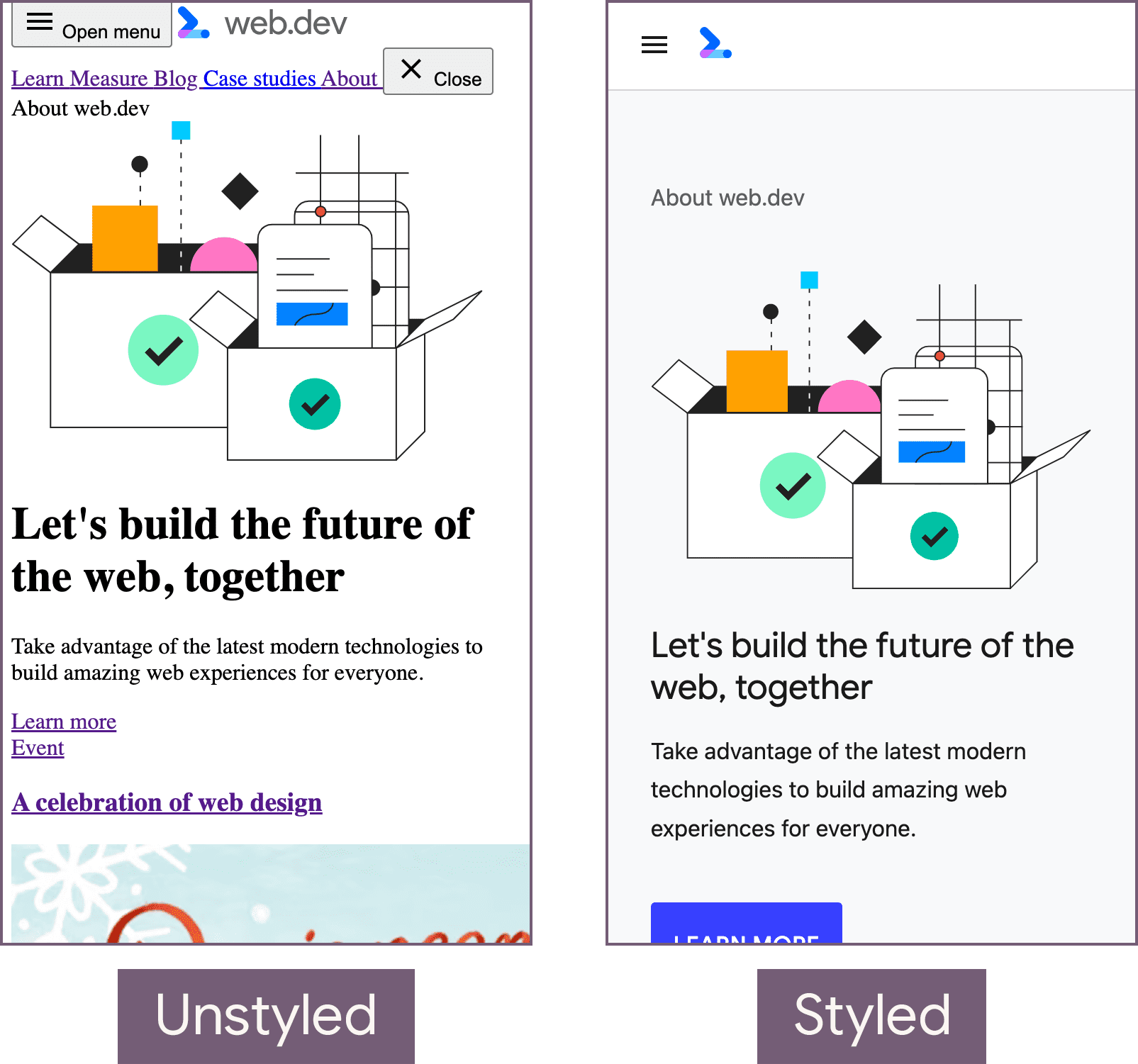 Strona główna web.dev bez stylów (po lewej) i ze stylami (po prawej).