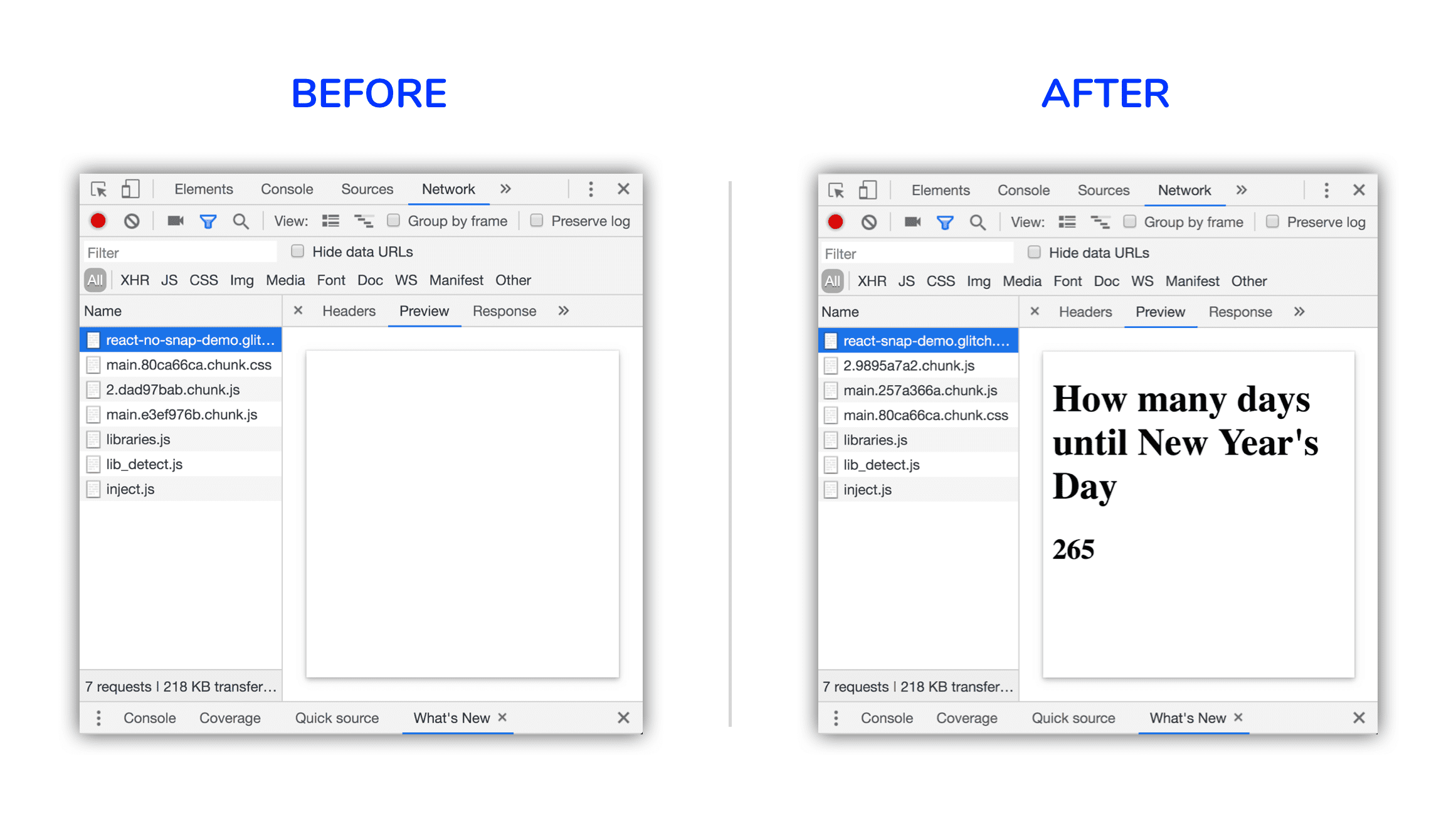 Uma comparação de antes e depois. A imagem final mostra que o conteúdo foi renderizado.