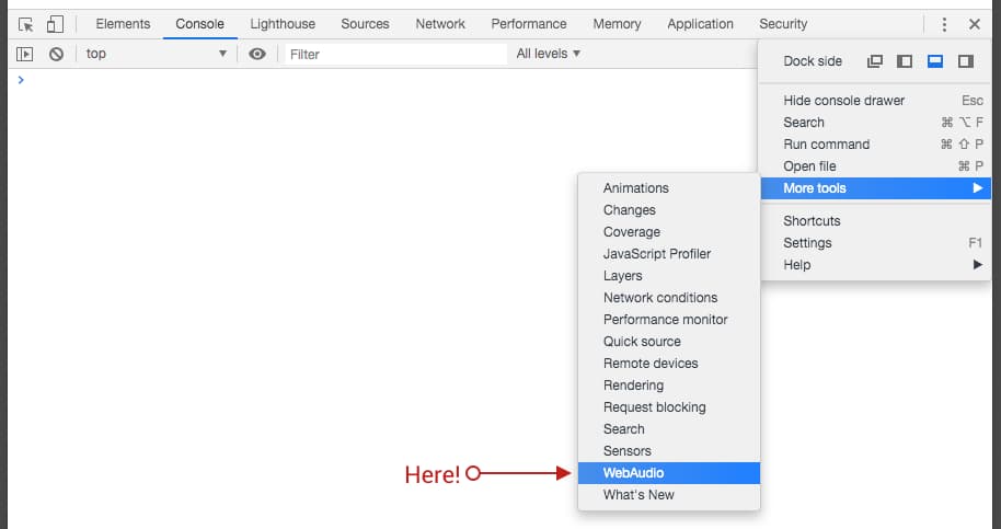 屏幕截图：显示如何在 Chrome 开发者工具中打开 WebAudio 面板。