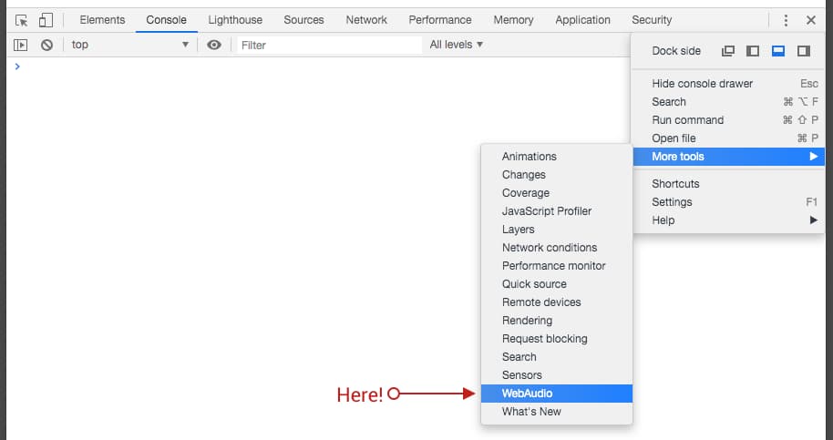 Captura de pantalla que muestra cómo abrir el panel de WebAudio en las Herramientas para desarrolladores de Chrome.