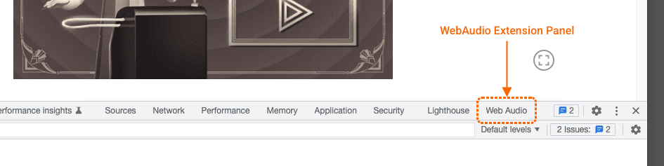 Chrome DevTools で Web Audio パネルを開く方法を示すスクリーンショット。