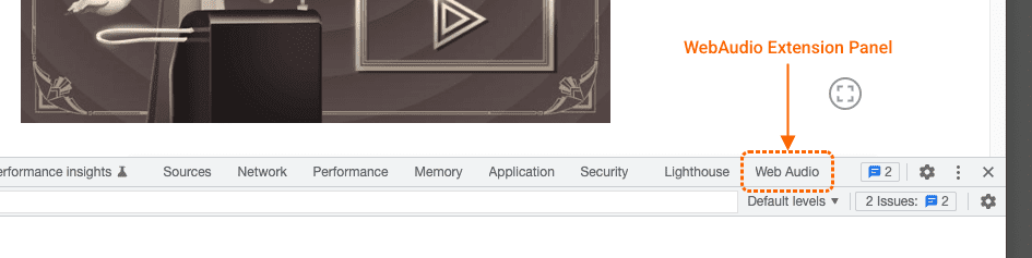 Captura de pantalla que muestra cómo abrir el panel de Audio web en las herramientas para desarrolladores de Chrome.