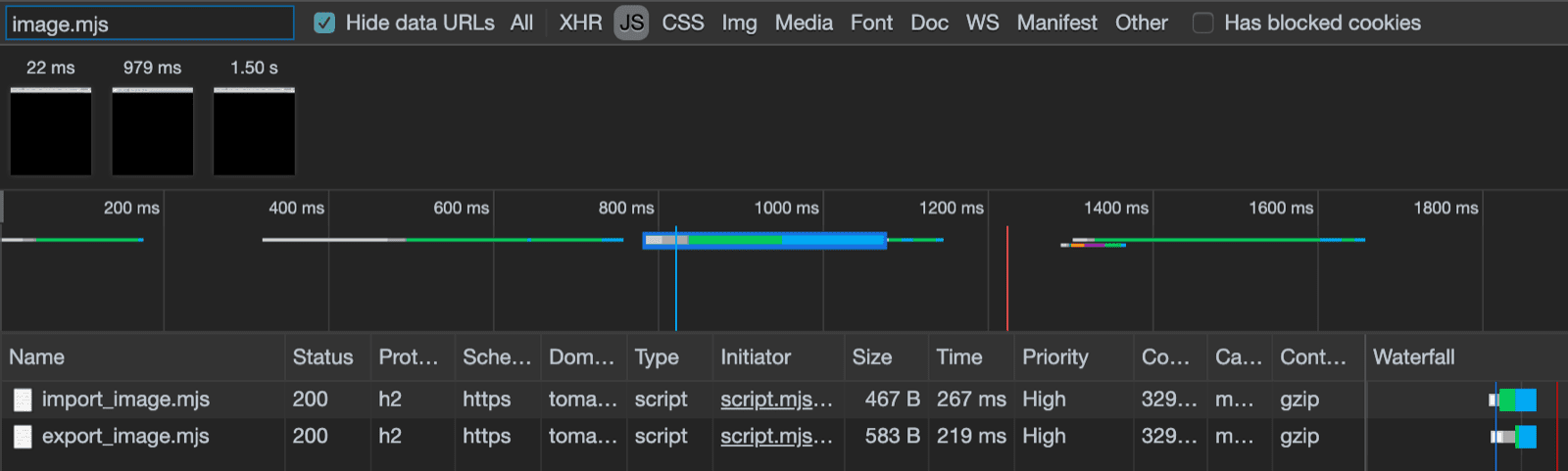 Modern dosyaların yüklendiğini gösteren Chrome Geliştirici Araçları.