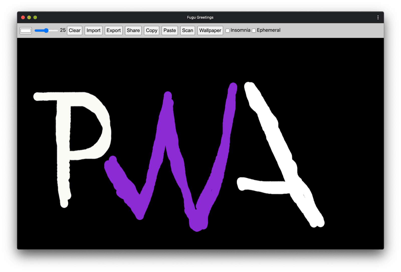 Fugu Greetings PWA z rysunkiem przypominającym logo społeczności PWA.