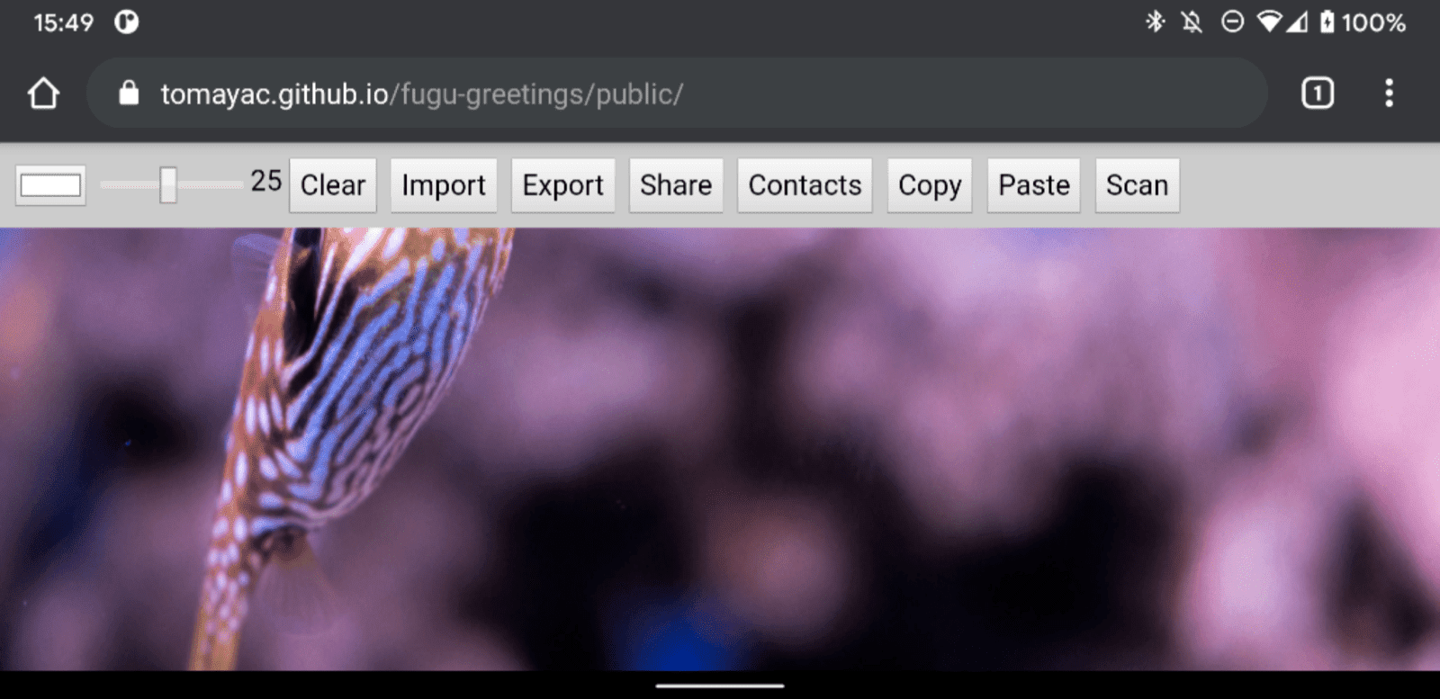 Lời chào Fugu chạy trên Chrome dành cho Android, hiển thị nhiều tính năng có sẵn.